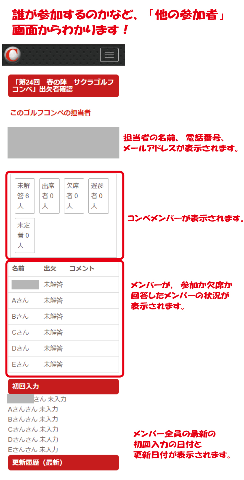 ゴルフコンペグループのメンバーへ配信される出欠を送信したメンバー一覧ページ