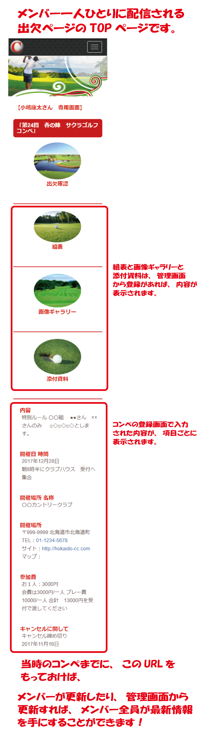 ゴルフコンペグループのメンバー専用画面のTOPページ